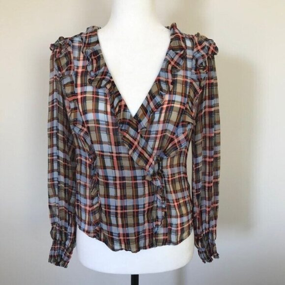 ANTHROPOLOGIE MAEVE Laila Long Sleeve Top Blouse Size 2 Plaid Chiffon Faux Wrap - Picture 2 of 10